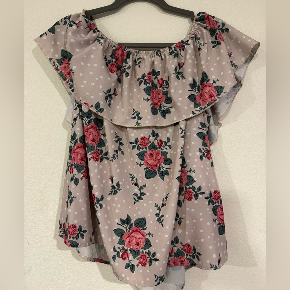 SHEIN Beige Off-Shoulder Ruffle Blouse with Pink Rose Print